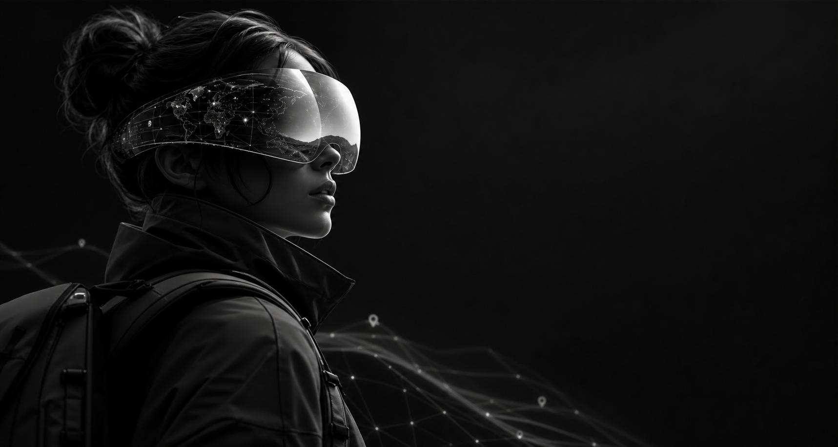 Monochrome futuristic travel planning visual